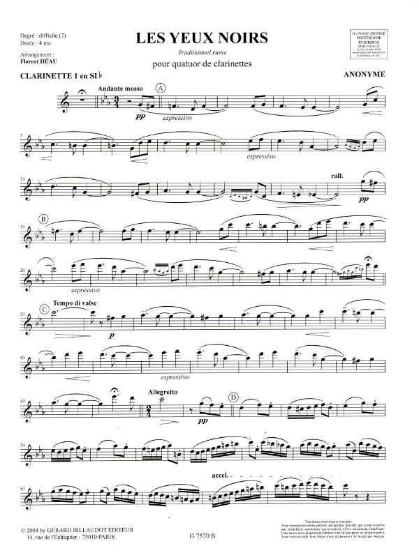 Anonymus (Heau) Les Yeux Noirs, Traditionnel Russe. Part/Sti. Notenfachgeschäft Stephan Zerluth